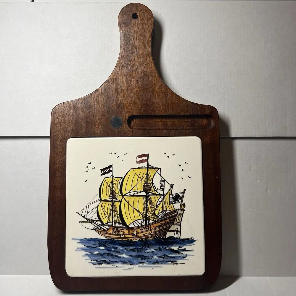 Vintage Wooden Cutting Board Cheese Tray with Hand Painted Ceramic Galleon Ship